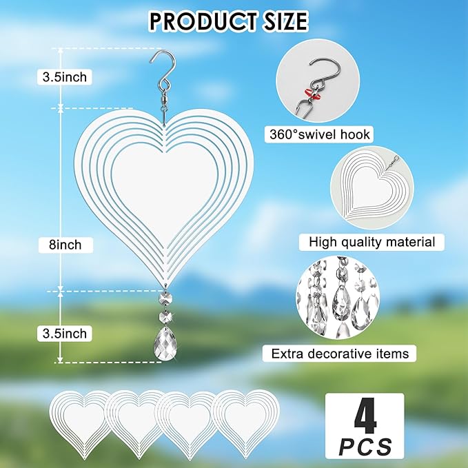 Sublimation Wind Spinner Blanks 8 Inch 4 Pack Wind Spinners Sublimation Blanks with Crystal Pendant Aluminum Metal Wind Spinners for Yard Garden Indoor Outdoor Window Porch Decoration(Heart
