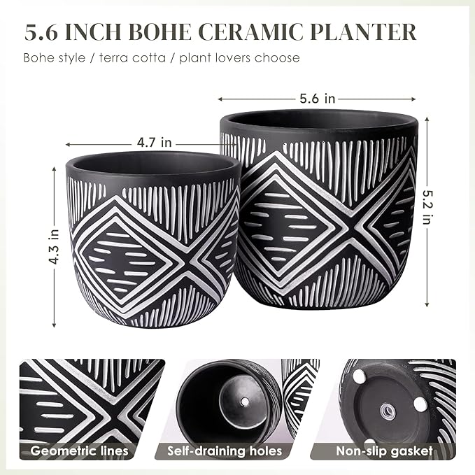 6 Inch Boho Planter Pots with Drainage Holes, 2 Pcs Terracotta Pots, Ceramic Plant Pots for Indoor Plants, Ferns, Vines, Succulents, and Outdoor Plants Growing, Gift for Plant Lovers(Black)