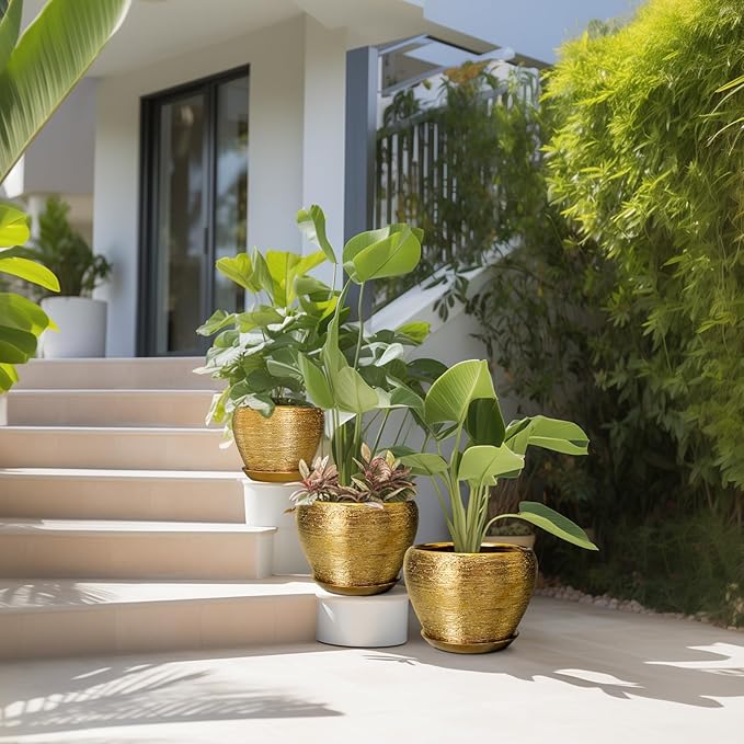 Flower Pots for Indoor Plants- Ceramic Pots for Plants 10 Inch 8 Inch 6 Inch Plant Pots with Drainage Holes and Saucers Decorative Large Planters for Outdoor Plants Set of 3 Gold