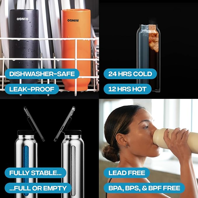 Ringo Insulated Water Bottle - Compatible MagSafe Water Bottle w/Phone Holder - Stainless Steel School Water Bottle w/Magnetic Phone Mount for Kids & Adult-Hot 12H, Cold 24H 360° Rotate - Black 24oz