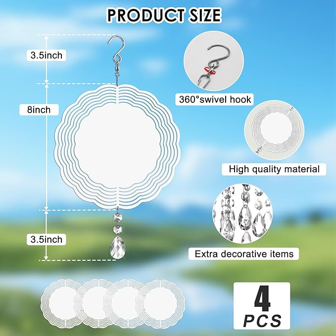 Sublimation Wind Spinner Blanks 8 Inch 4 Pack Wind Spinners Sublimation Blanks with Crystal Pendant Aluminum Metal Wind Spinners for Yard Garden Indoor Outdoor Window Porch Decoration(Round