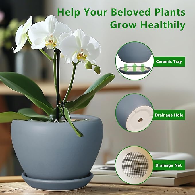 Ceramic Pot for Plants - 6 Inch Plant Pot Indoor with Drainage Hole and Saucer Decorative Planter for Outdoor Plants Modern Succulent Pot Round Flower Pot Gray