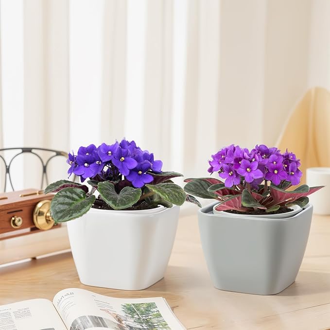 African Violet Pots, 6 Inch Self Watering Pot for Indoor Plants,Ceramic Self Watering Pots,Easy Plant Self Watering Planter for Busy Plant Lovers, Flower Pot with Absorbent Inner Pot - White