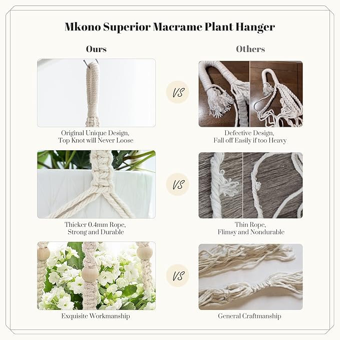 Mkono Macrame Plant Hanger Indoor Hanging Planter Basket with Wood Beads Decorative Flower Pot Holder No Tassels for Indoor Outdoor Boho Home Decor 35 Inch, Ivory, Set of 1 (POTS NOT Included)