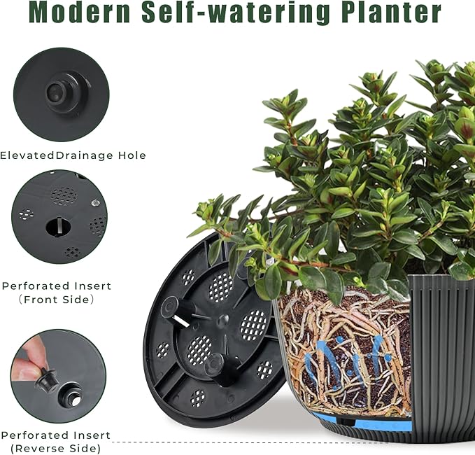 T4U 10 Inch Self Watering Planters, Plant Pots for Indoor and Outdoor Use, Home Decor Flower Pots, Plastic Planters with Drainage Hole & Plug for Plants, Flowers, Cactus, Garden, Set of 2, Gray