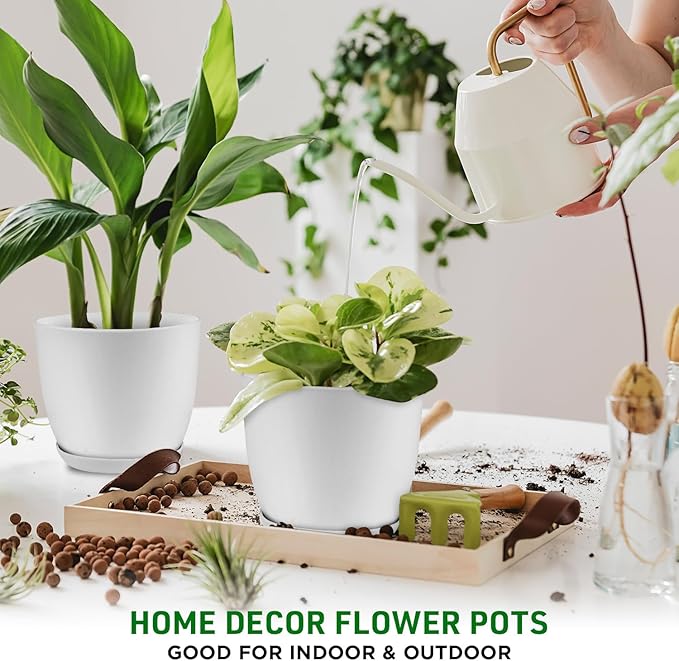 Eco Friendly Plant Pot Set -5-Pack Home Decor Flower Indoor and Outdoor Plastic Pots with Drainage Holes, Assorted Sizes (7", 6.6", 6", 5.3", 4.8") - Stackable Garden Versatile Planters