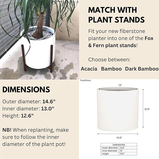 Fox & Fern 14.6 Inch Extra Large Planter — Premium Lightweight Fiberstone Matte White Plant Pot with Drainage Plug; Big Planter for Indoor & Outdoor Use; Weather Resistant & UV Resistant
