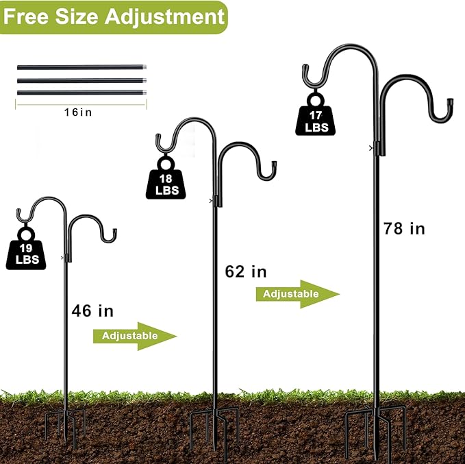 Double Shepherds Hook for Outdoor,78 Inch Bird Feeder Pole with 5 Prongs Base,Adjustable Heavy Duty Garden Hanging Holder for Hanging Plant,Solar Light,Weddings Decor,Hummingbird Feeder(1 Pack)