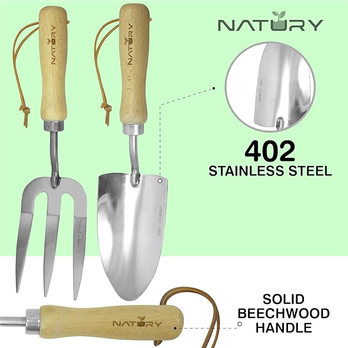 Garden Tools Set β Premium Stainless Steel Gardening Hand Tools with Solid Beechwood Handle β Gardening Kit with Rake, Shovel, Gloves, Shears, Tool Organizer β Garden Gifts for Women and Men