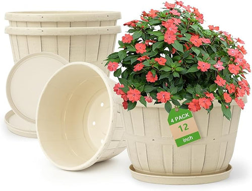 Quarut 12 Inch Large Planter Pot for Plants Indoor Outdoor, 4 Pack Plastic Flower Pots with Drainage Hole & Tray, Modern Decorative Garden Pot with Saucer, Plant Container for House(Beige)