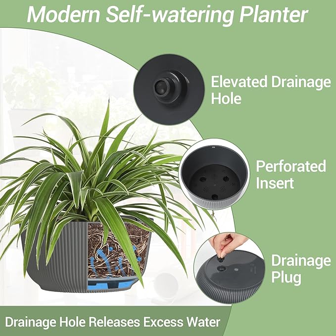 T4U 12 Inch Large Hanging Planters for Outdoor Plants, 2 Pack Self Watering Hanging Pots Indoor, Hanging Baskets for Plants,Hanging Flower Pot with Drainage Hole and Plant Hanger, Grey