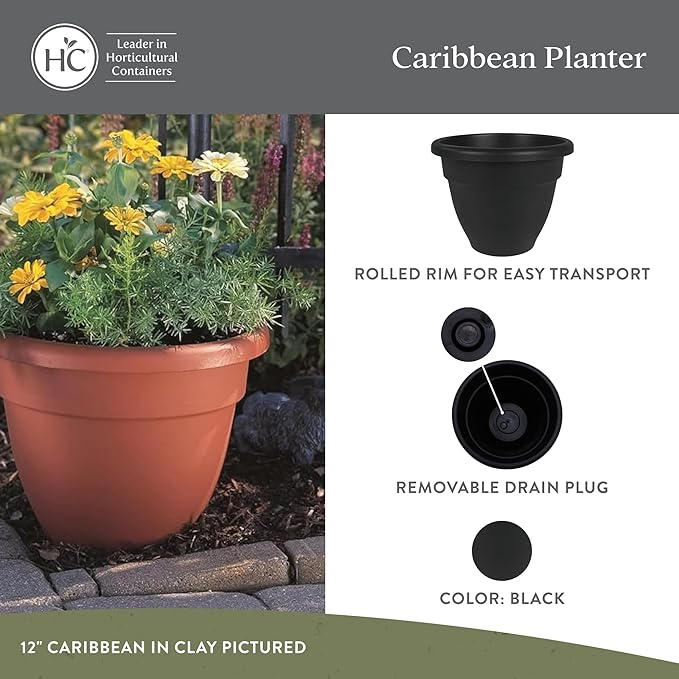 The HC Companies Caribbean Planter Pot - Outdoor & Indoor Plant Pot with Drainage Hole & Plug - Rolled Rim Plastic Pots for Plants & Flowers - Decorative Plant Pot (12" Black, Pack of 2)