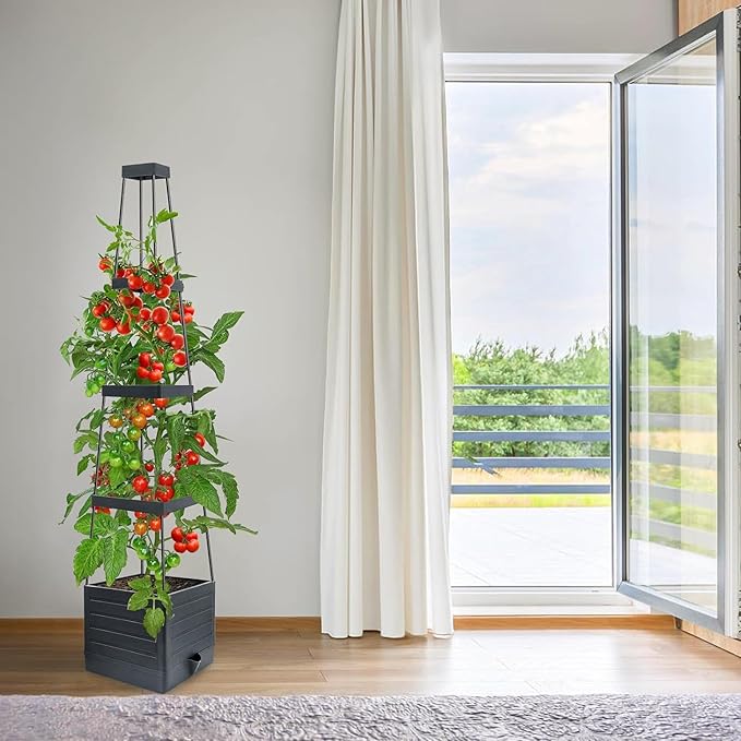 Raised Garden Bed Planter Box with Trellis, 58โ Tomato Cage Planter Raised Garden Bed with Trellis for Climbing Vegetables Plants Tomato Cage w/Self-Watering, Indoor Outdoor Use (4)
