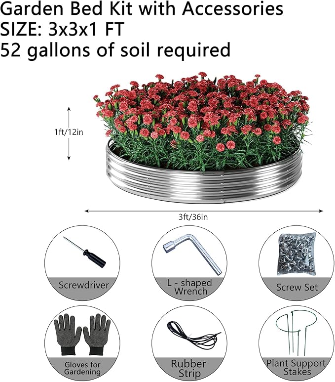 Galvanized Metal Round Raised Garden Bed Outdoor for Gardening Raised Garden Bed Kit,3x3x1FT Garden Raised Planter Box Outdoor