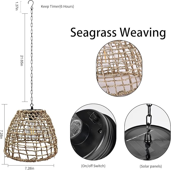 Outdoor Solar Hanging Lantern, Natural Seeweed Rattan Bamboo Woven Porch Patio Gazebo Pendent Chandelier Light Decorative Solar Powered Hanging Lamp for Front Door Garden