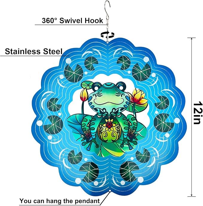 Frog Wind Spinners 3D Hanging Wind Spinner Frog Ornament Gifts for Women Mom Grandma,12inch Metal Wind Kinetic Sculpture for Outdoor&Indoor Decor, Yard Art, Garden Decoration