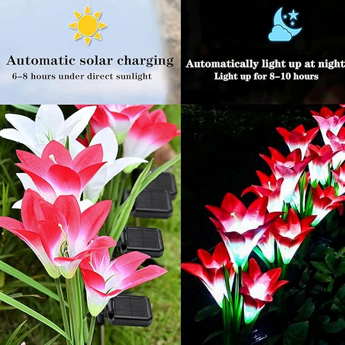 ZYLiWoo-Solar Flower Lights, 6 Pack Outdoor Lily Flower Lights, Multi Color Changing LED 24 Flowers Lily Flower Solar Garden Stakes Flower Lights, for Patio, Lawn, Garden, Yard Decoration