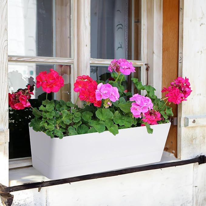 GREANER Long Window Boxes Planters, 6 Pack 16x3.8 Inch Vegetable Box Pot with Tray, Indoor Succulent Cactus Flowers Plastic Rectangle Pot for Balcony, Office, Garden, Outdoor, Windowsill - White