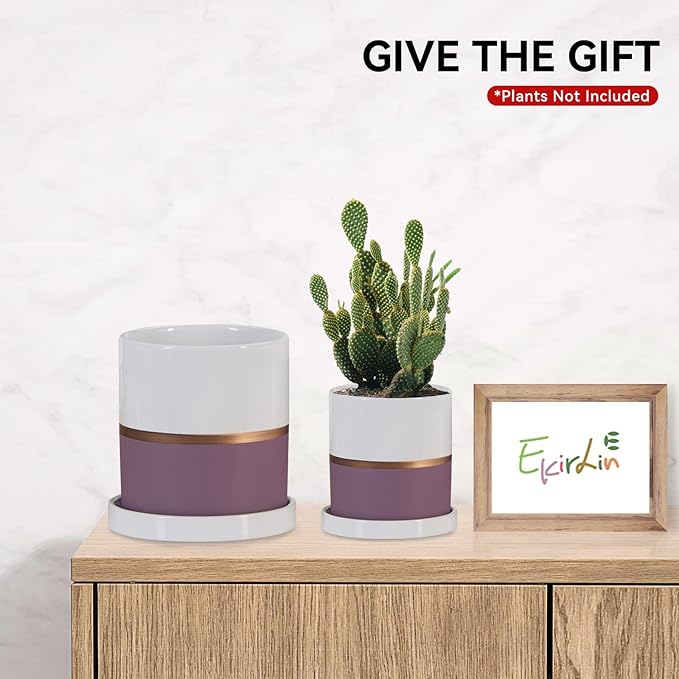 Ekirlin 4 inch Plant Pot - Ceramic Flower Planters Indoor - Modern Succulents Containers with Drain Hole Saucer, Decorate Home, Office & Outdoor (Purple)