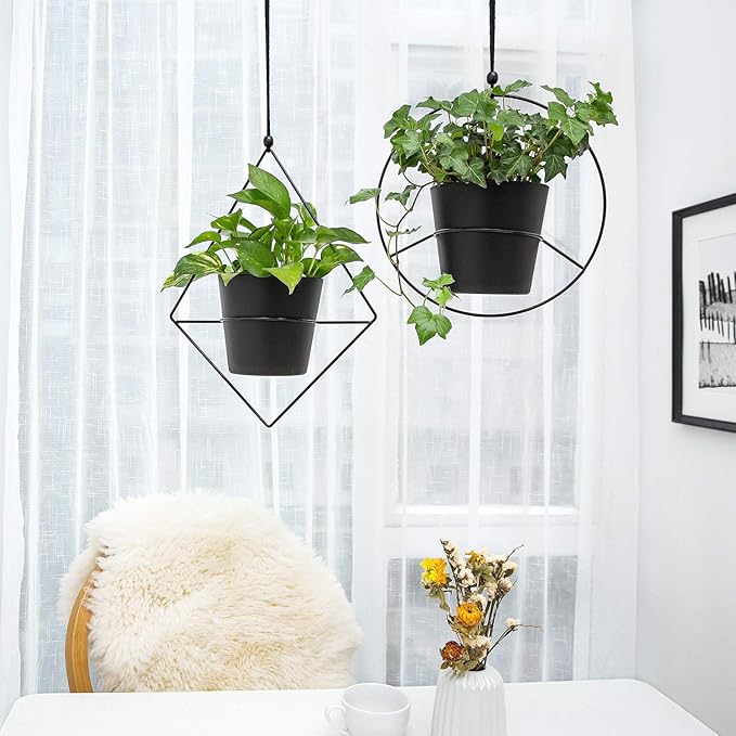 Mkono Boho Hanging Planter, Set of 2 Metal Plant Hanger with Plastic Pots, Modern Mid Century Flower Pot Plant Holder in Diamond and Circle Shape, Fits 6 Inch Planter (Pots Included), Black