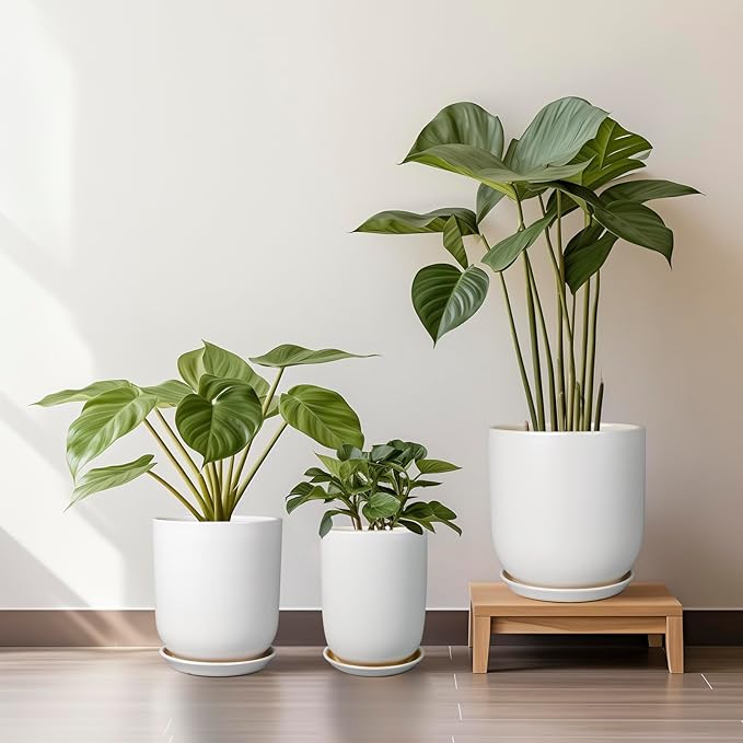 Pots for Plants - 10 Inch Ceramic Plant Pot with Drainage Hole and Saucer Large Planter for Plants Indoor Outdoor Modern Flower Pot for Home Decor White