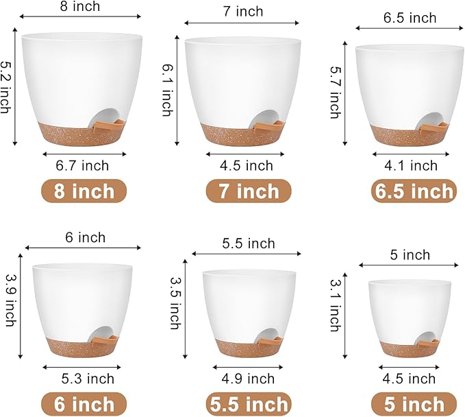 Plant Pots 8/7/6.5/6/5.5/5 Inch Self Watering Pots, Set of 6 Plastic Planters with Drainage Holes and Saucers,Plastic Flower Pots,Nursery Planting Pot for Indoor Out Door Plants(White)