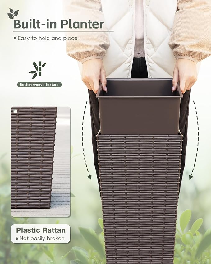 Greesum 24 Inch Tall Plastic Planters with Rattan Texture – Set of 2, Detachable Inner Pot & Drainage Holes, Indoor/Outdoor Decorative Flower Pots for Large Plants, Trees, Patio, and Garden, Brown