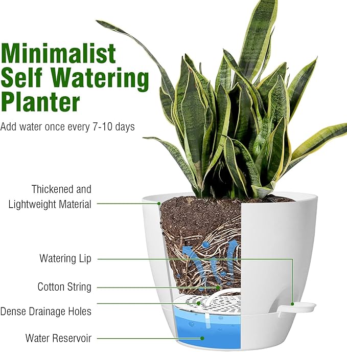 10/9/8 inch Self Watering Pots, Set of 3 Plastic Planters with Mesh Drainage Holes and Deep Reservoir for Indoor Outdoor Garden Plants and Flowers, White