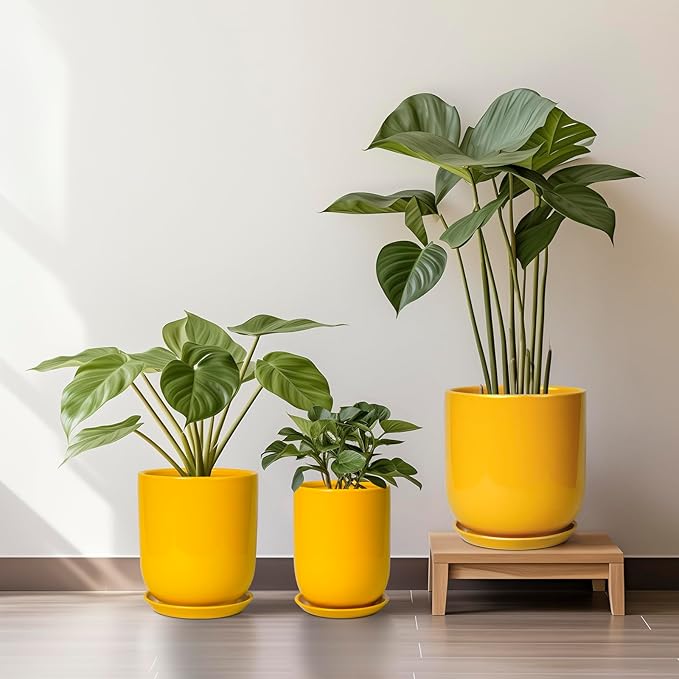 Ceramic Pot for Plants - 10 Inch Plant Pot Indoor with Drainage Hole and Saucer Large Planter for Outdoor Plants Cylinder Decorative Flower Pot Yellow