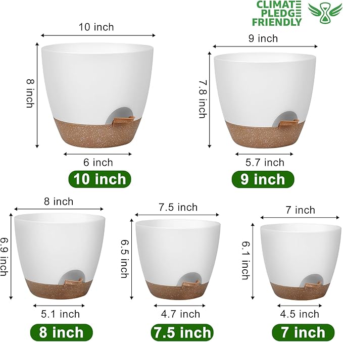 Plant Pots 10/9/8/7.5/7 Inch Self Watering Pots, Set of 5 Plastic Planters with Drainage Holes and Saucers,Plastic Flower Pots,Nursery Planting Pot for Indoor Out Door Plants(White)