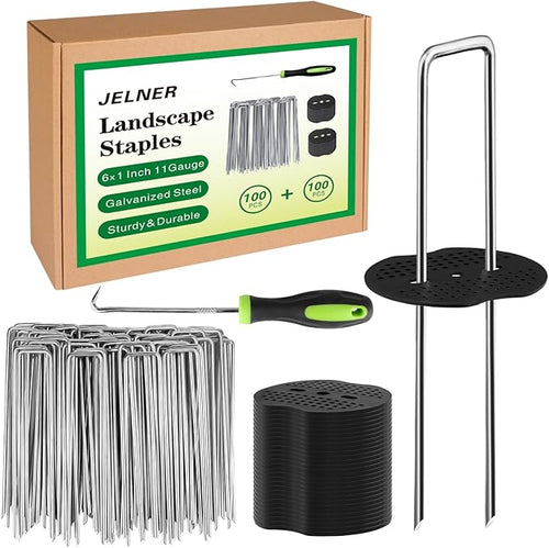 Landscape Staples Set,6 Inch 11 Gauge 100pcs Galvanized Garden Stakes + 100pcs Gaskets + 1Pick Hook,U-Shaped Tent Stakes Landscaping Fabric SOD Pins for Weed Fabric Barrier,Groud Cover,Fence
