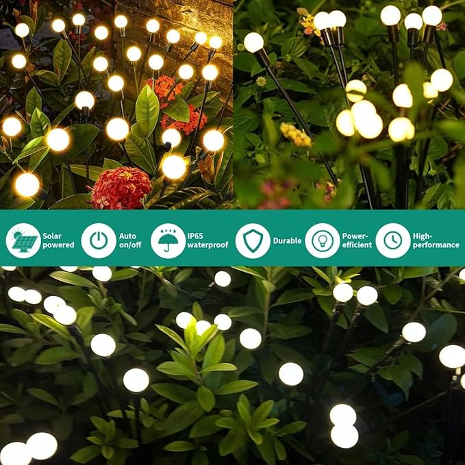 Solar Garden Lights, 4 Pack 32 LED Outdoor Firefly Lights, Waterproof Solar Pathway Lights, Swaying Decorative Solar Lights for Yard, Patio, Pathway, and Garden, Warm White Glow