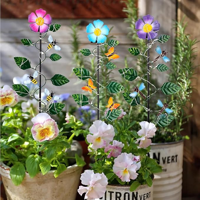 Set of 3 Solar Garden Lights,23'' H Flowers&Insect Decorative Garden Stakes,Waterproof Metal Spring Yard Art Decor,Solar Stake Lights for Outside,Lawn,Yard,Patio