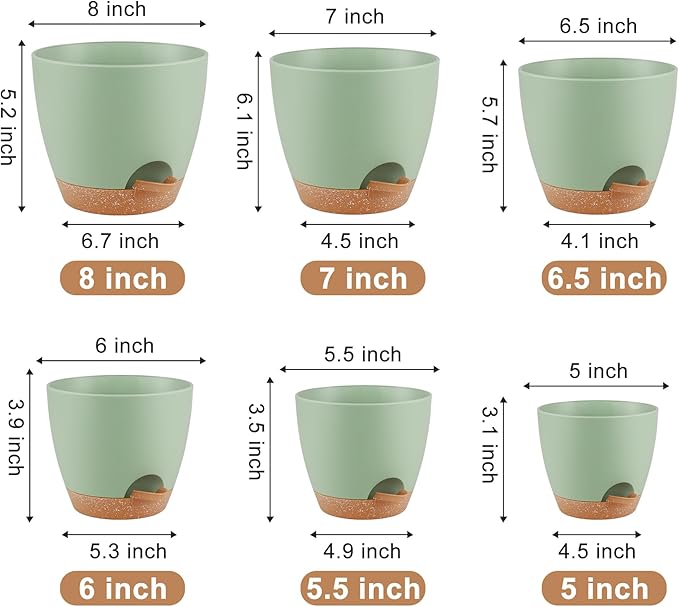 Plant Pots 8/7/6.5/6/5.5/5 Inch Self Watering Pots, Set of 6 Plastic Planters with Drainage Holes and Saucers,Plastic Flower Pots,Nursery Planting Pot for Indoor Out Door Plants(Green)