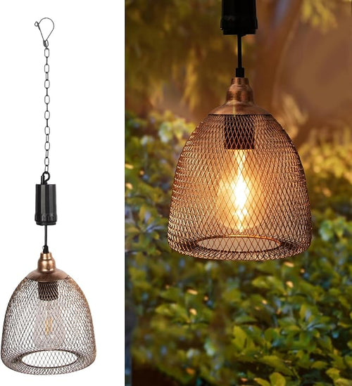 Battery Operated Hanging Light with 6 Hours Timer-Outdoor Indoor Pendant Chandelier Waterproof Lamp Lantern for Gazebo Porch Garden Patio Decorative Metal Warm White Bulb(Brown)