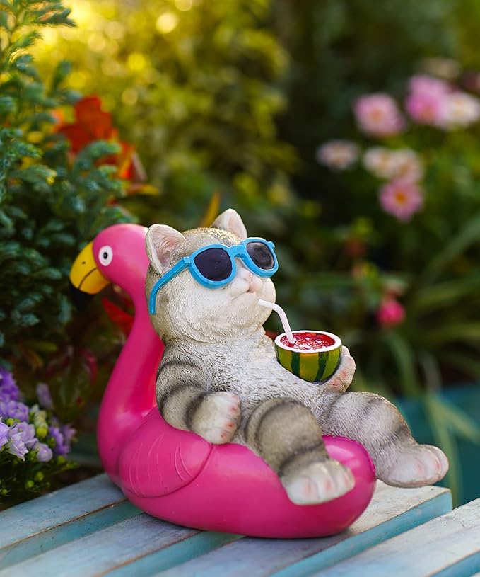 Cat Lying Flamingo Solar Statue: Outdoor Sculptures Clearance for Lawn Porch Patio Balcony Yard - Gifts for Mom Women