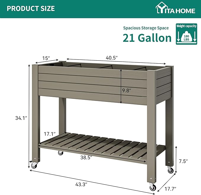 YITAHOME 3.6x1.5x2.8 FT Elevated Garden Bed Kit with Legs and Wheels, Outdoor Large Resin Planter Box Stand with Drain Plug and Storage Shelf for Plants Vegetables Fruits, Light Brown