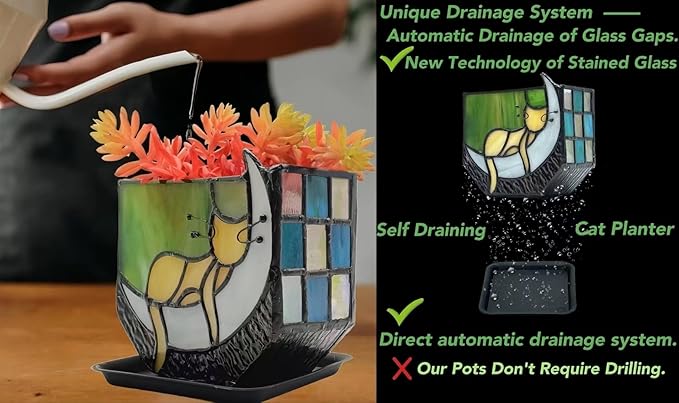 Tiffany Stained Glass Fun Moon Sleeping Cat Planter,Orange Sleeping Cat Cactus Planter,Cute Planters for Indoor Plants,Decorative Flower Pots As Gifts for Cat Lovers,4.6x3x5.15 in