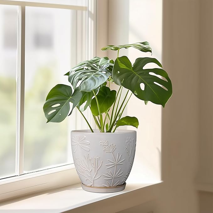 8 Inch Ceramic Pots for Plants Large Planter Pot with Drainage Hole and Saucer Round Flower Pot for Indoor Outdoor Decor, White