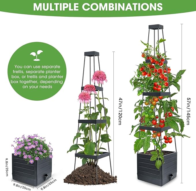 Raised Garden Bed Planter Box with Trellis, 58โ Tomato Cage Planter Raised Garden Bed with Trellis for Climbing Vegetables Plants Tomato Cage w/Self-Watering, Indoor Outdoor Use (4)