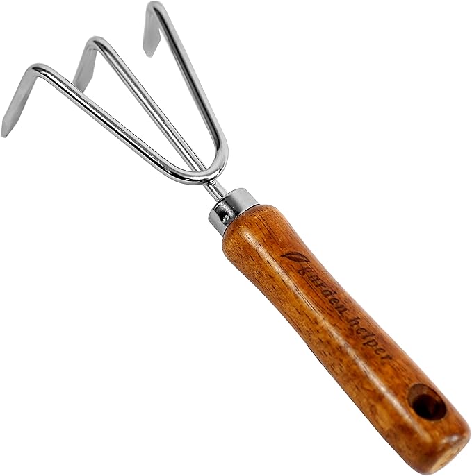Hand Cultivator Garden Tool Heavy Duty Japanese Steel with Wood Handle, Manual Small Hand Rake Soil Tiller for Weeding, Digging, Cultivating, 3 Claws, Made in Japan, Silver