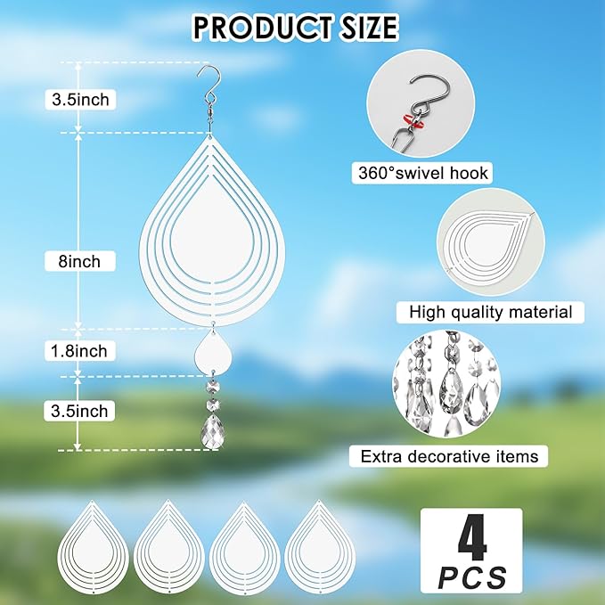 Sublimation Wind Spinner Blanks 8 Inch 4 Pack Wind Spinners Sublimation Blanks with Crystal Pendant Aluminum Metal Wind Spinners for Yard Garden Indoor Outdoor Window Porch Decoration(Waterdrop