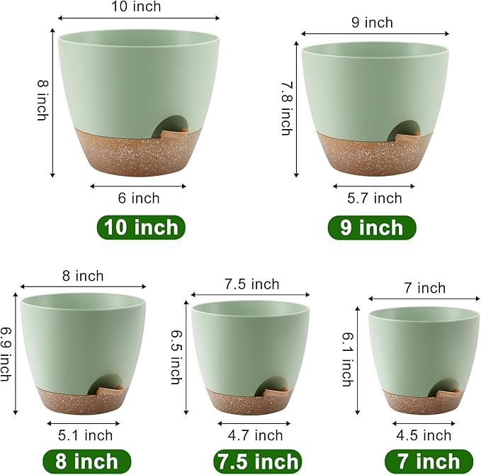 Plant Pots 10/9/8/7.5/7 Inch Self Watering Pots, Set of 5 Plastic Planters with Drainage Holes and Saucers,Plastic Flower Pots,Nursery Planting Pot for Indoor Out Door Plants(Green)