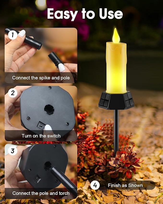 Solar Lights Outdoor Waterproof, Electric LED Flameless Candles with 3 Solar Panels, Solar Pathway Lights for Garden Yard Home Outdoor Party Camping Decorations, 4 Pack