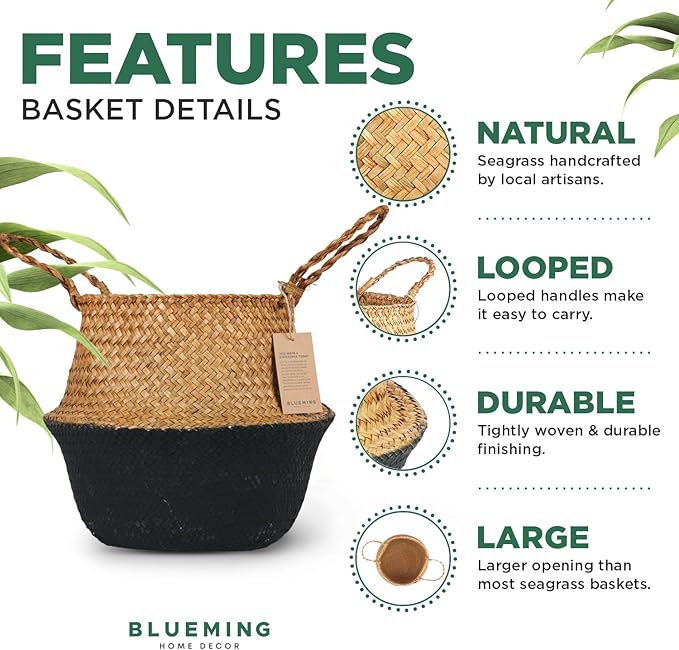 Basket Planter β Woven Seagrass Plant Pot for Tall Indoor Artificial Plants, Wicker Rattan Planters for Boho Decor 9-10 Inches (Black Bottom, Large)