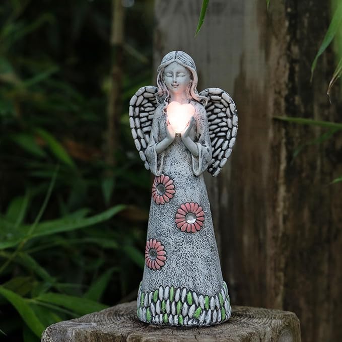 Solar Angel Garden Statue,Garden Angel Figurines,Solar Garden Sculpture with Resin Angel Decor for Patio Lawn Yard Porch Decorations,Housewarming Garden Gift,10.03inch