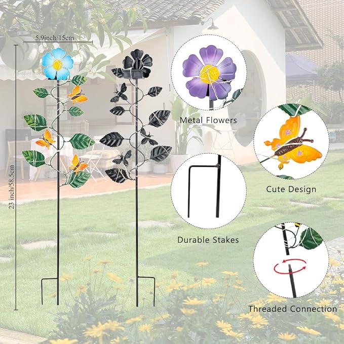 Set of 3 Solar Garden Lights,23'' H Flowers&Insect Decorative Garden Stakes,Waterproof Metal Spring Yard Art Decor,Solar Stake Lights for Outside,Lawn,Yard,Patio