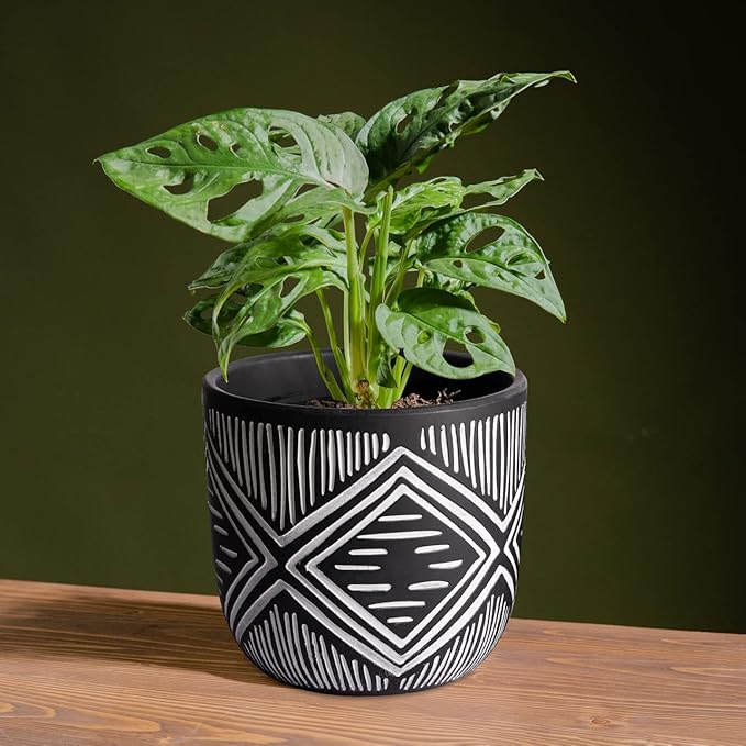 6 Inch Boho Planter Pots with Drainage Holes, 2 Pcs Terracotta Pots, Ceramic Plant Pots for Indoor Plants, Ferns, Vines, Succulents, and Outdoor Plants Growing, Gift for Plant Lovers(Black)