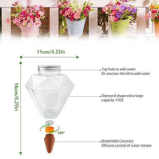 Watering Globes XL - 2 Pcs Diamond Plastic Shape Plant Watering Globes Self Watering Planter Insert 17oz Large for Indoor&Outdoor Plants Watering Bulbs