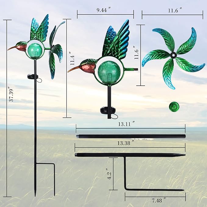 Solar Lights Outdoor Garden Hummingbird Solar Garden Stakes Light Decorative Wind Spinner Pathway Light for Yard Decor Green